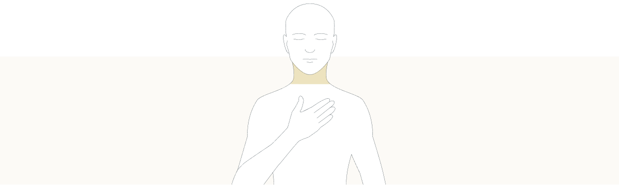 Line drawing of a person with their hand on their chest, with their neck higlighted