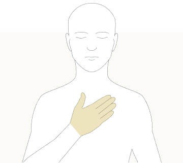 Line drawing of a person with their hand on their chest, with their hands higlighted